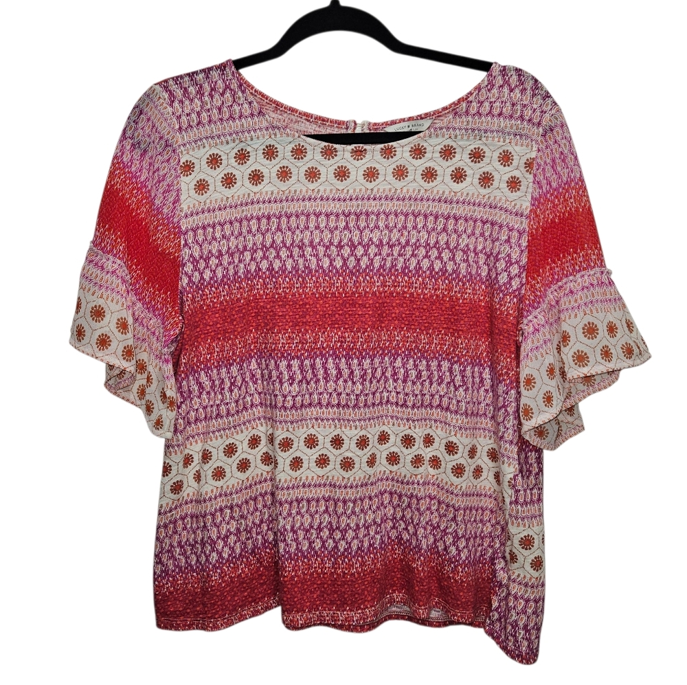 Lucky Brand Pink & Red Patterned Flutter Sleeve Blouse